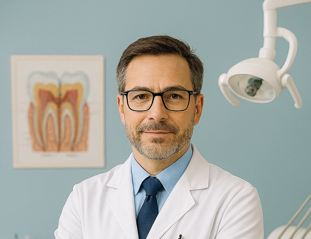 A dentist standing in his clinic.