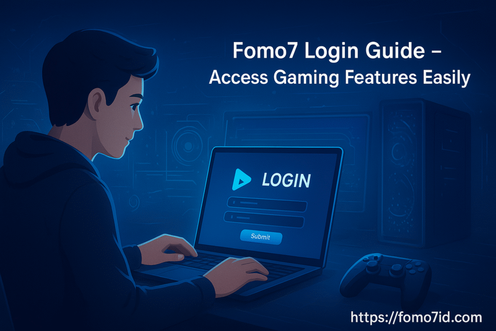A user sitting at a modern gaming desk, logging into the Fomo7 app on a laptop surrounded by glowing blue futuristic graphics and a professional gaming setup, with the text “Fomo7 Login Guide – Access Gaming Features Easily” and the website https://fomo7id.com .