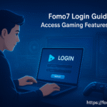 A user sitting at a modern gaming desk, logging into the Fomo7 app on a laptop surrounded by glowing blue futuristic graphics and a professional gaming setup, with the text “Fomo7 Login Guide – Access Gaming Features Easily” and the website https://fomo7id.com .