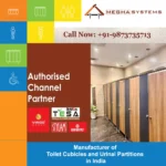 Modern commercial WC cubicles installed in an office restroom