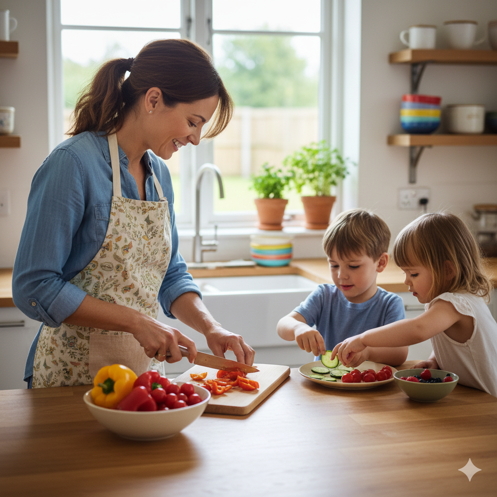 a mother preparing food for her kids